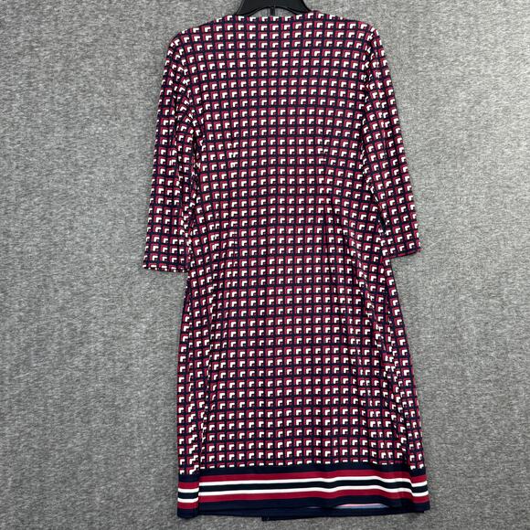 Talbots Petite Large Faux Wrap Dress Blue Red White Geometric Stripe 3/4 Sleeve - Picture 2 of 5